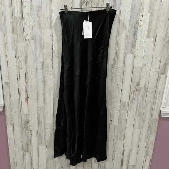 New Sophie Rue Anthropologie Manhattan Black Satin Maxi Skirt Slit Sexy Classy S